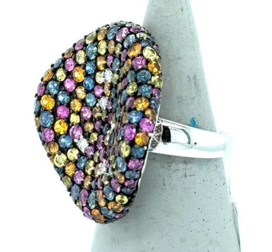 14K White Gold Multi-Color Sapphire & Diamond Statement Ring