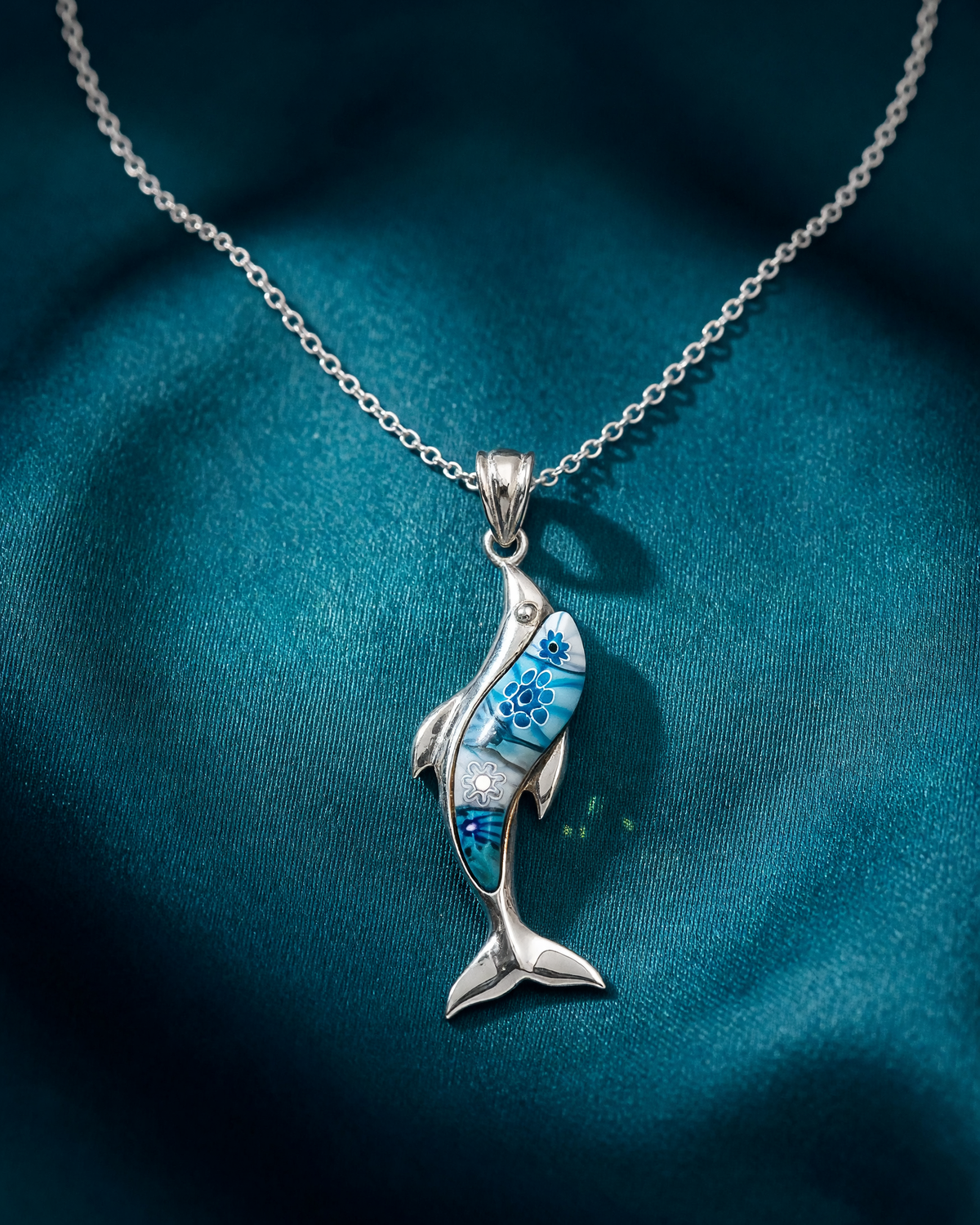 Sterling Silver Blue & White Enamel Dolphin Pendant 39mm