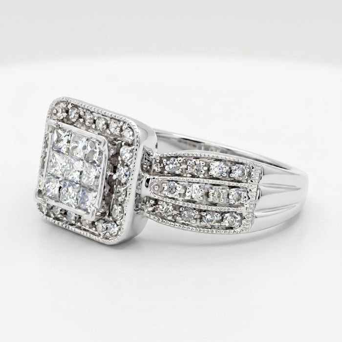 14K White Gold 1.32ctw Diamond Cluster Engagement Ring Size 7