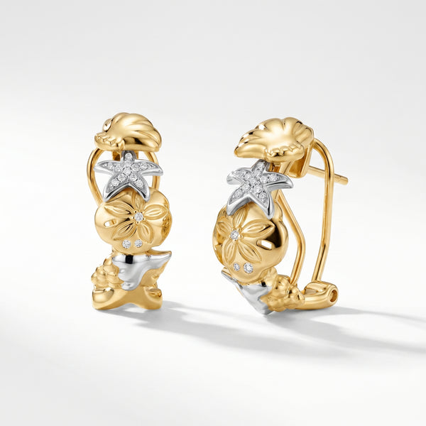 14K Gold Diamond Nautical Sealife Earrings - Clam, Starfish & Shell