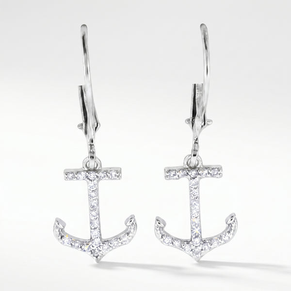 14K White Gold Diamond Anchor Earrings - 0.26ctw Leverback