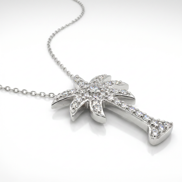14K White Gold Pave Diamond Palm Tree Pendant - 0.75ct