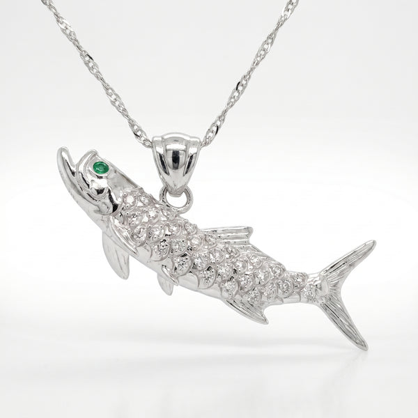 14K White Gold Reversible Diamond Tarpon Pendant with Emeralds