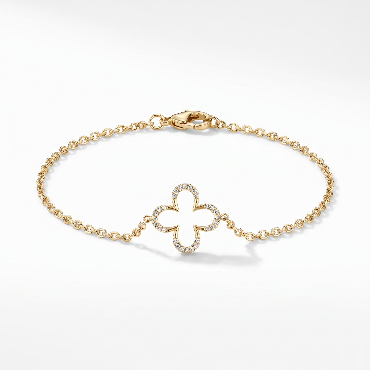 14K Yellow Gold Diamond Clover Charm Bracelet - 7.5"