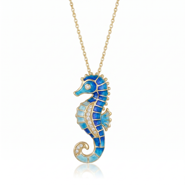 14K Yellow Gold Enamel & Diamond Seahorse Pendant