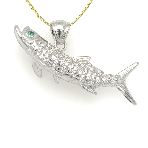 14K white gold tarpon pendant with diamond scales and a green emerald eye.