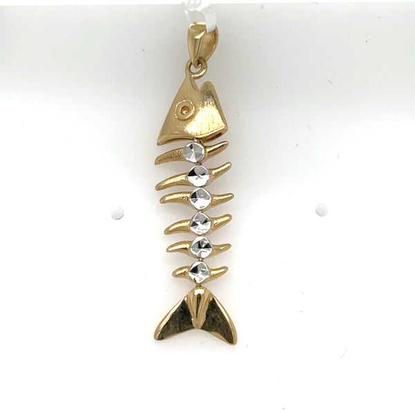 14K two-tone bonefish skeleton pendant with yellow gold body and rhodium-accented spine.