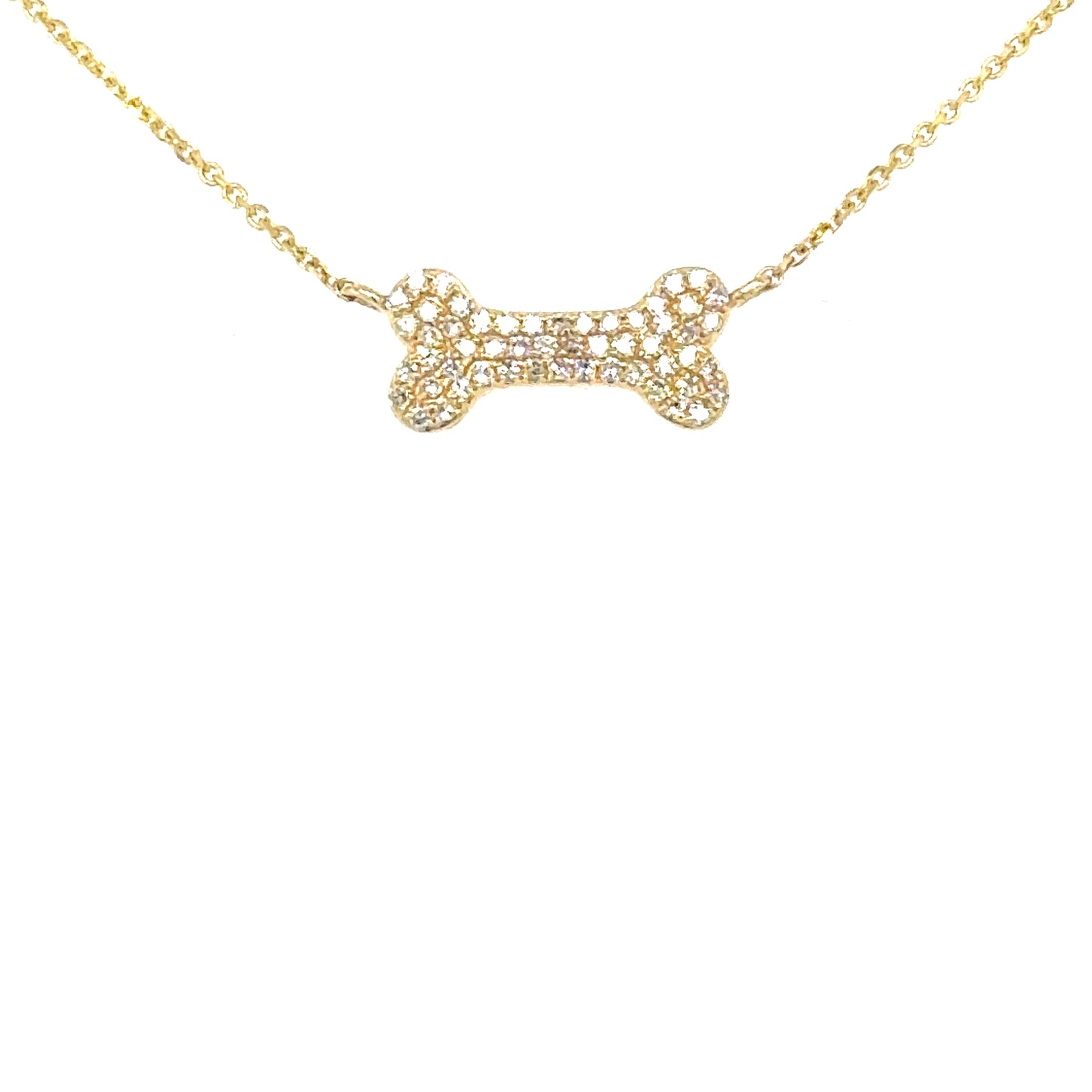 14K yellow gold dog bone pendant paved with round diamonds on cable chain.
