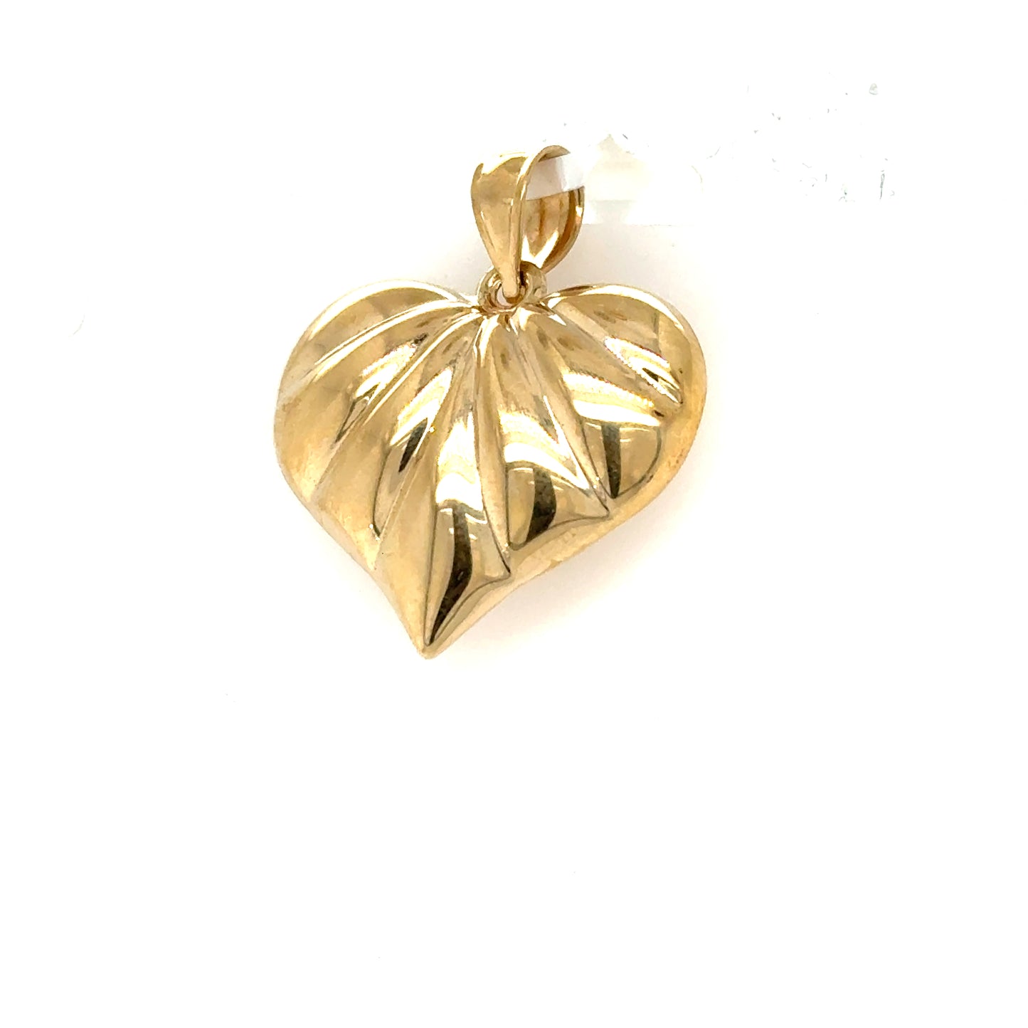 14K yellow gold puffed heart charm with ribbed design and plain bail.