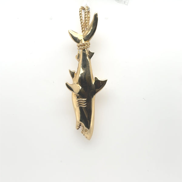 14K yellow gold shark pendant with textured gills and rope-style cable bail.