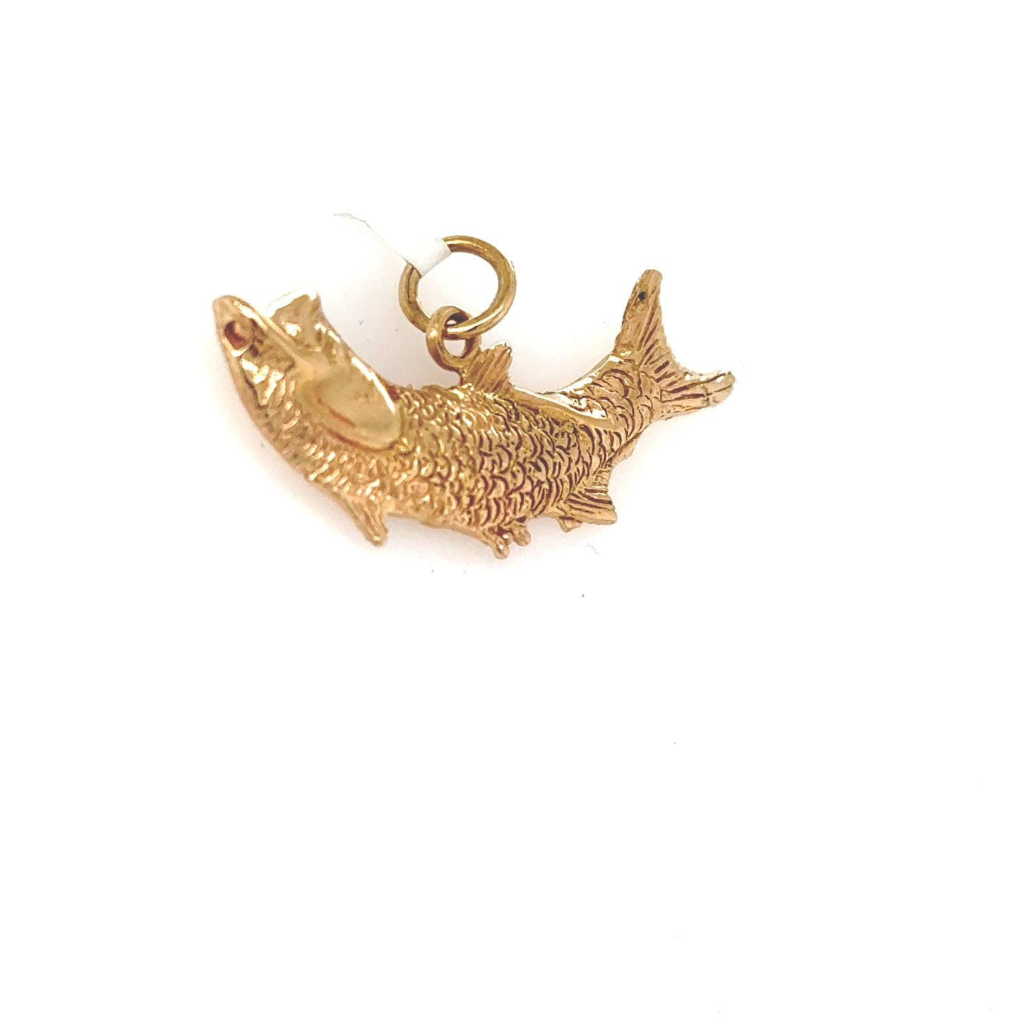 14K yellow gold tarpon fish charm pendant with textured scales and O-ring.