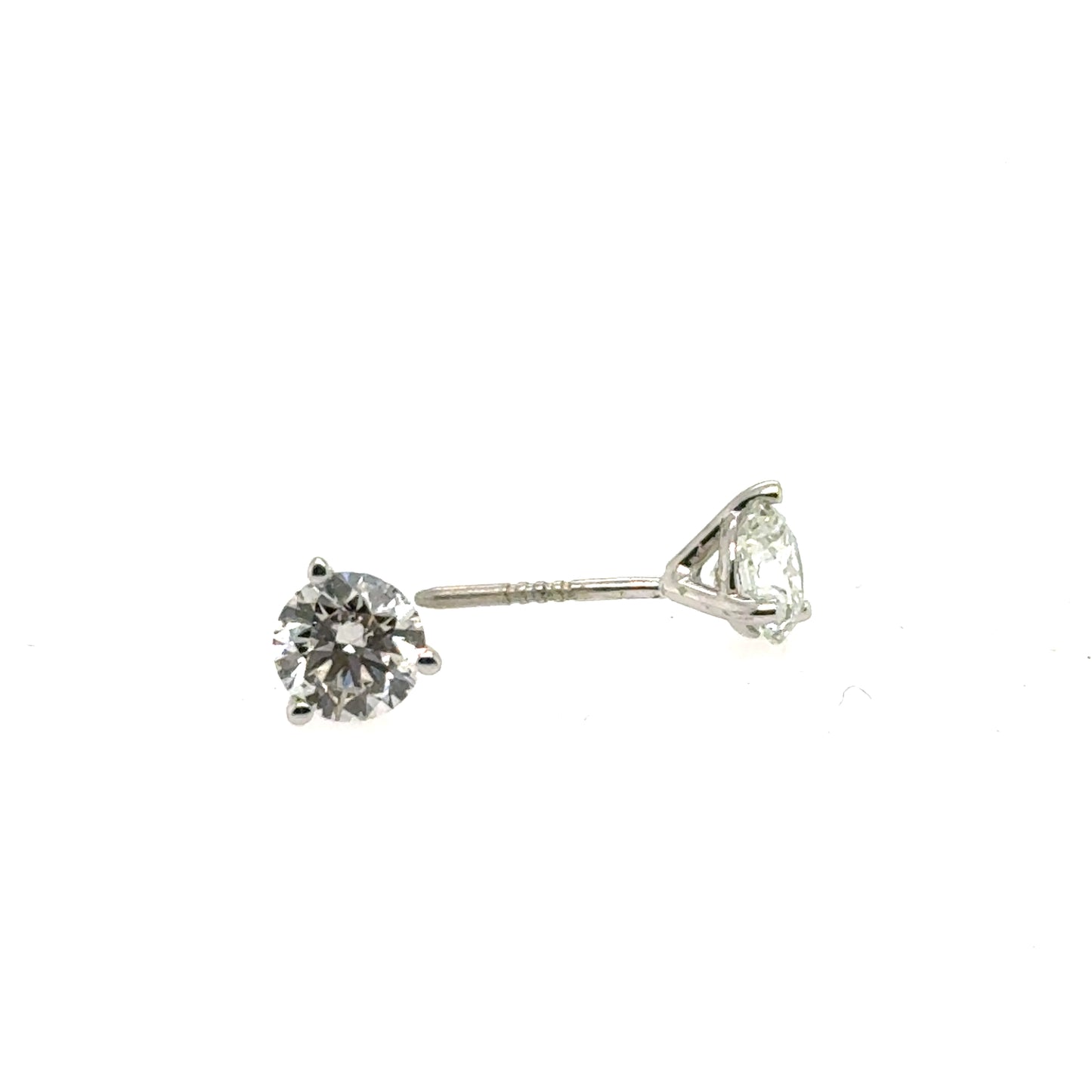 Round lab-grown diamond studs in 14K white gold three-prong martini settings.