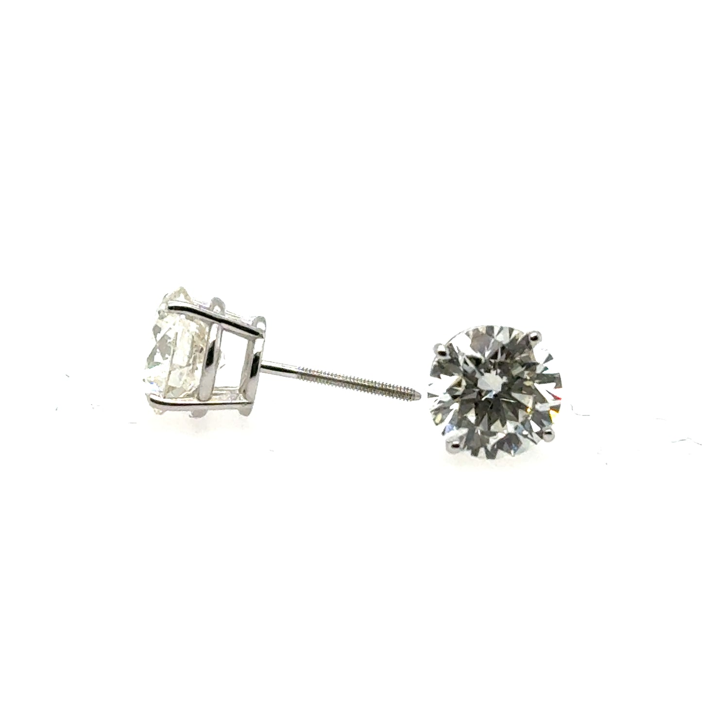 14K white gold round lab-grown diamond stud earrings with four-prong screw backs.