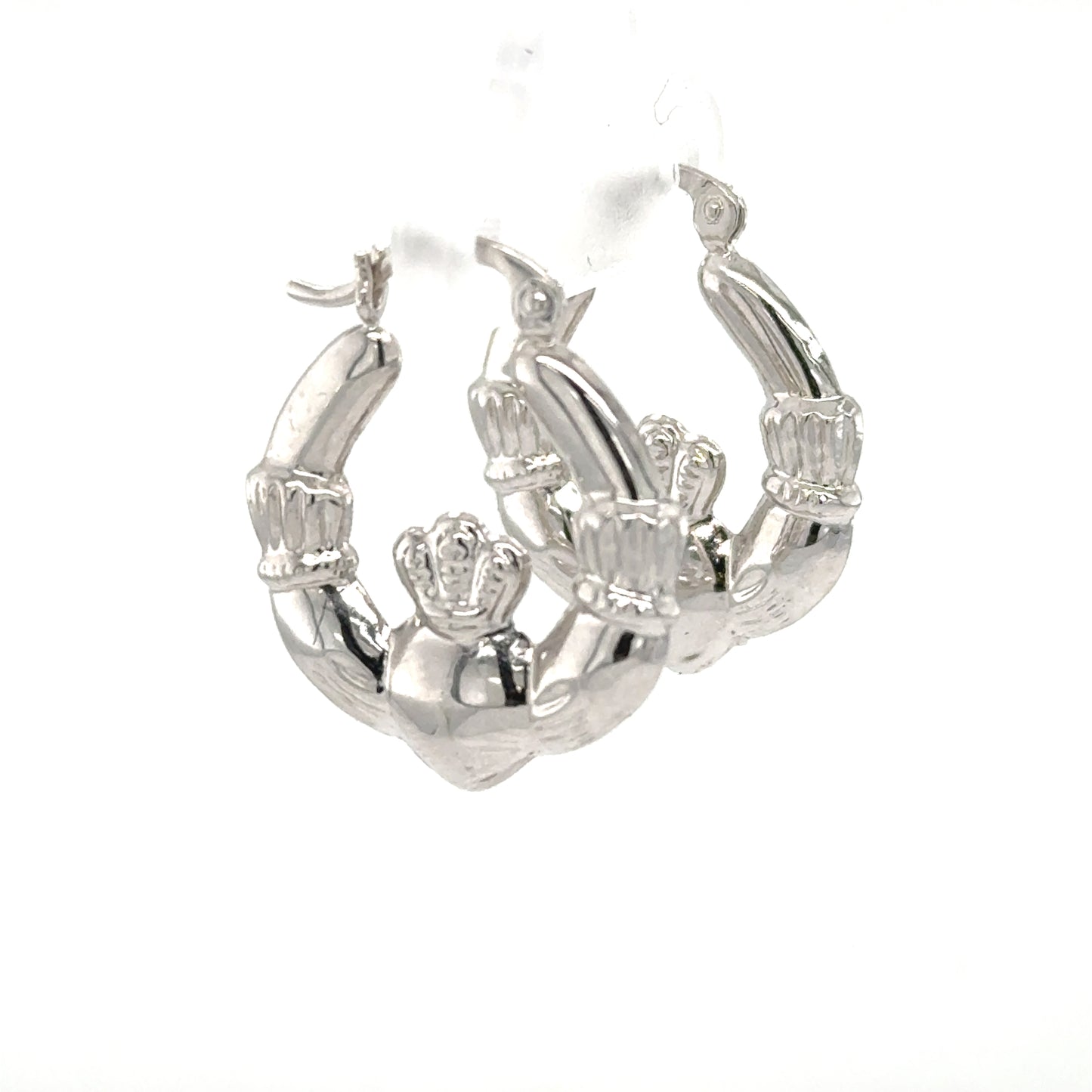 Polished 14K white gold Claddagh hoop earrings with hinged latch backs.