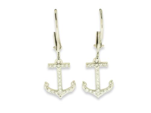 14K white gold anchor earrings with round diamond pavé, leverback closures.
