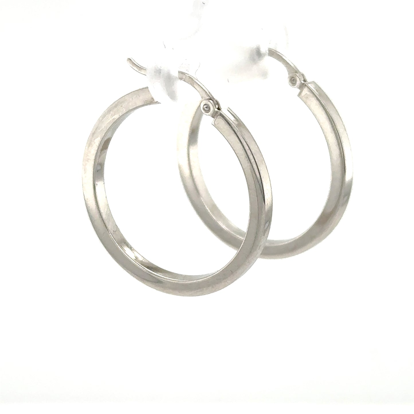 14K white gold hoop earrings with square-tube profile and hinged snap closures.