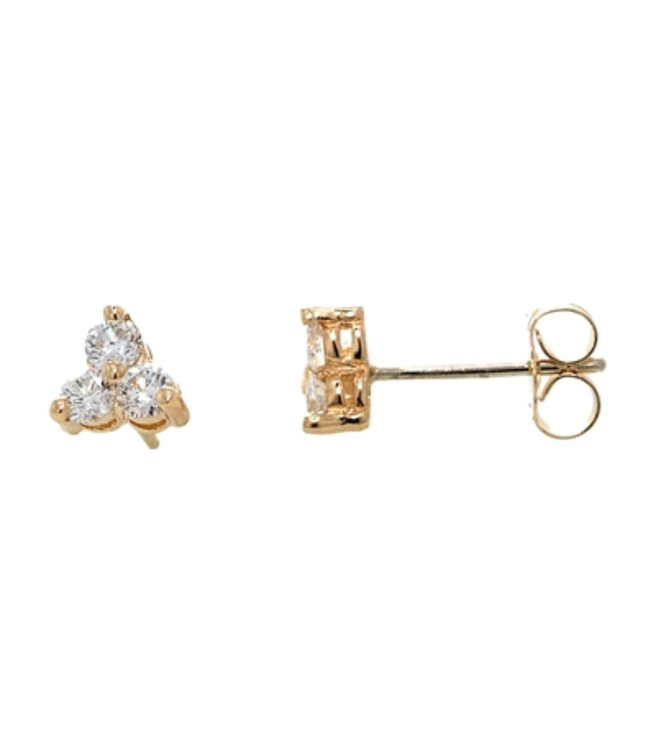 14K yellow gold stud earrings with triangle cluster of round diamonds, friction backs.
