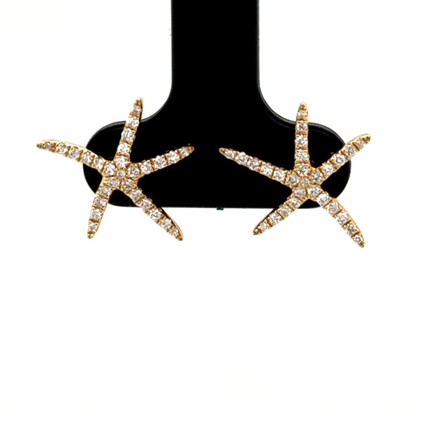14K yellow gold starfish stud earrings pavé-set with round white diamonds.