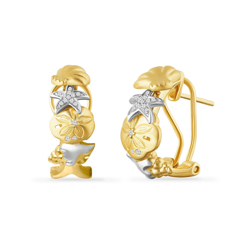 14K yellow and white gold hoop earrings with diamond starfish and sealife motifs, omega backs.