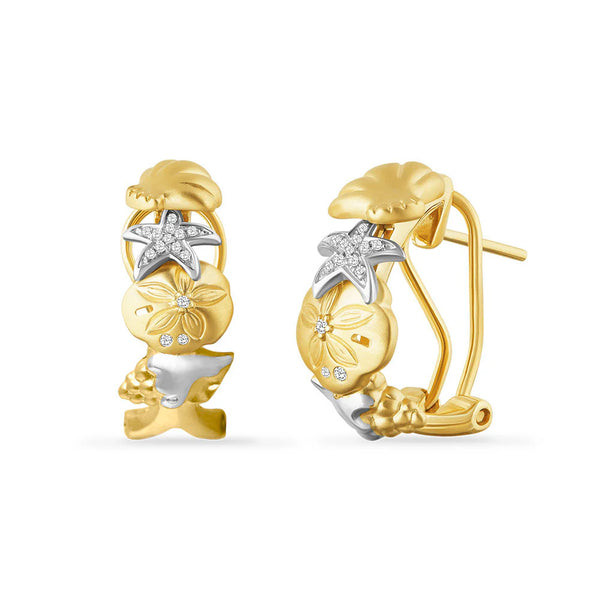 14K yellow and white gold hoop earrings with diamond starfish and sealife motifs, omega backs.
