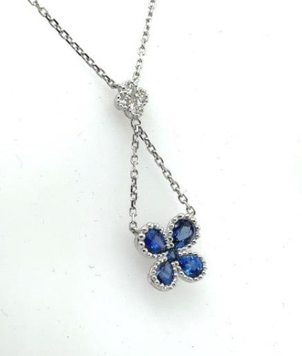 14K White Gold Sapphire & Diamond Clover Pendant Necklace