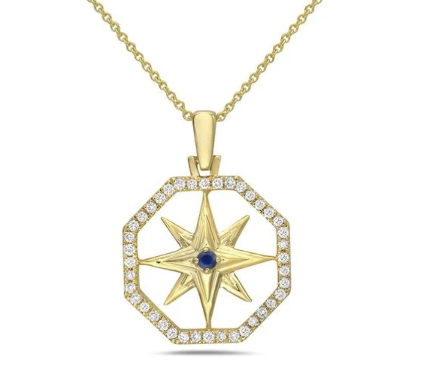 14K Yellow Gold Compass Rose Diamond Sapphire Pendant Necklace