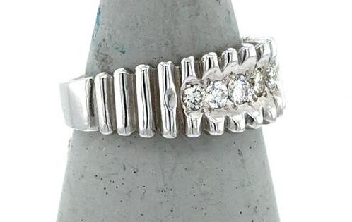 14K White Gold Diamond Wedding Band - Ribbed Gents Ring Size 10