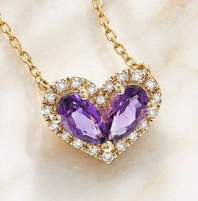 14K Yellow Gold Amethyst & Diamond Heart Pendant with 18" Chain