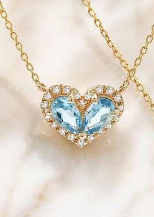 14K Yellow Gold Blue Topaz Diamond Heart Pendant with 18" Chain