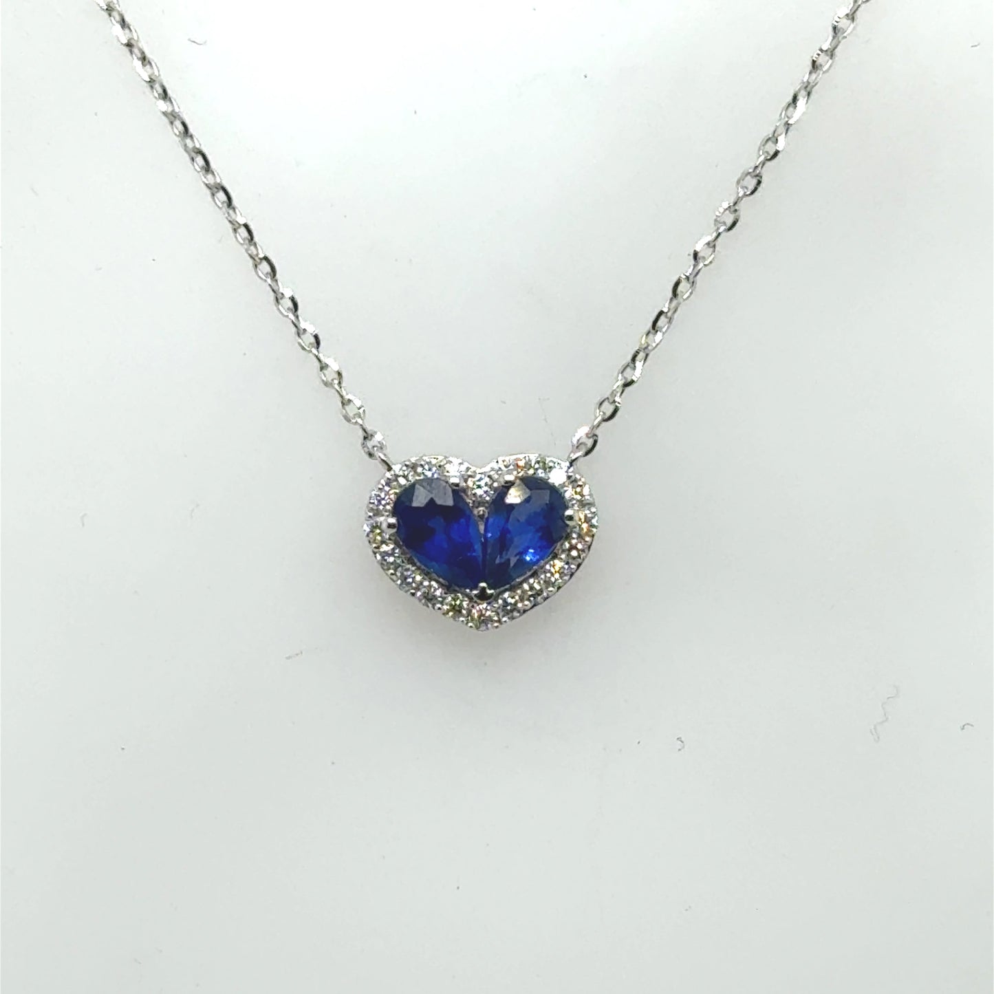 14K White Gold Sapphire & Diamond Heart Pendant with Chain