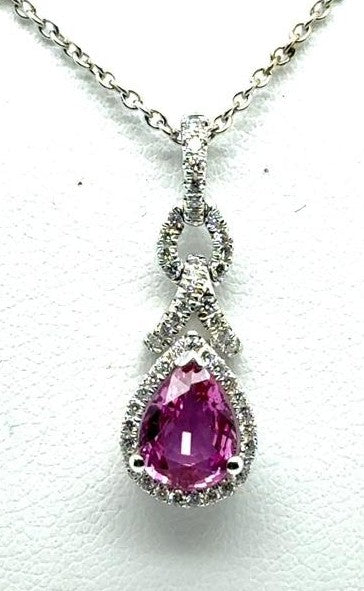 18K White Gold Pink Sapphire & Diamond Halo Pendant