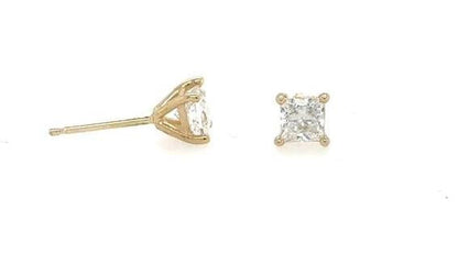 14K yellow gold stud earrings with princess-cut diamonds in four-prong martini settings.