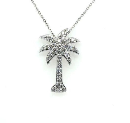 14K White Gold Pave Diamond Palm Tree Pendant - 0.75ct