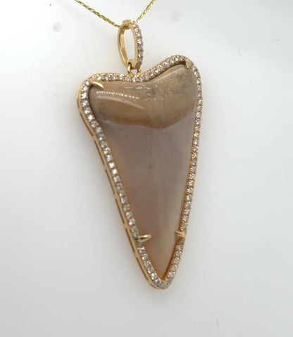 18K yellow gold pendant featuring polished shark tooth framed by diamond halo.