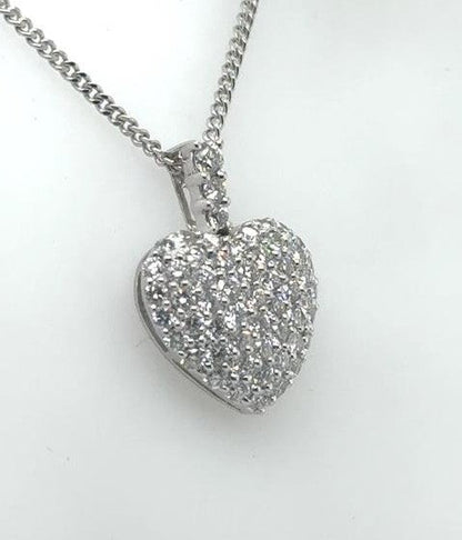 18K White Gold Pave Diamond Heart Pendant - 1.37ctw, 16" Chain