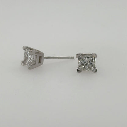14K white gold stud earrings with princess-cut diamonds in four-prong settings.