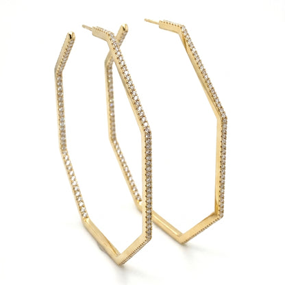 14K Yellow Gold Octagon Diamond Inside-Out Hoop Earrings 2"