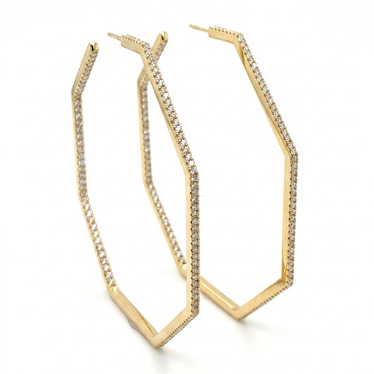 14K Yellow Gold Octagon Diamond Inside-Out Hoop Earrings 2"