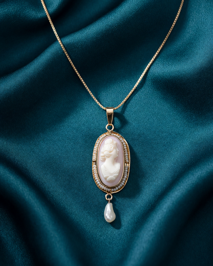 10K Yellow Gold Petite Carved Shell Cameo Seed Pearl Pendant