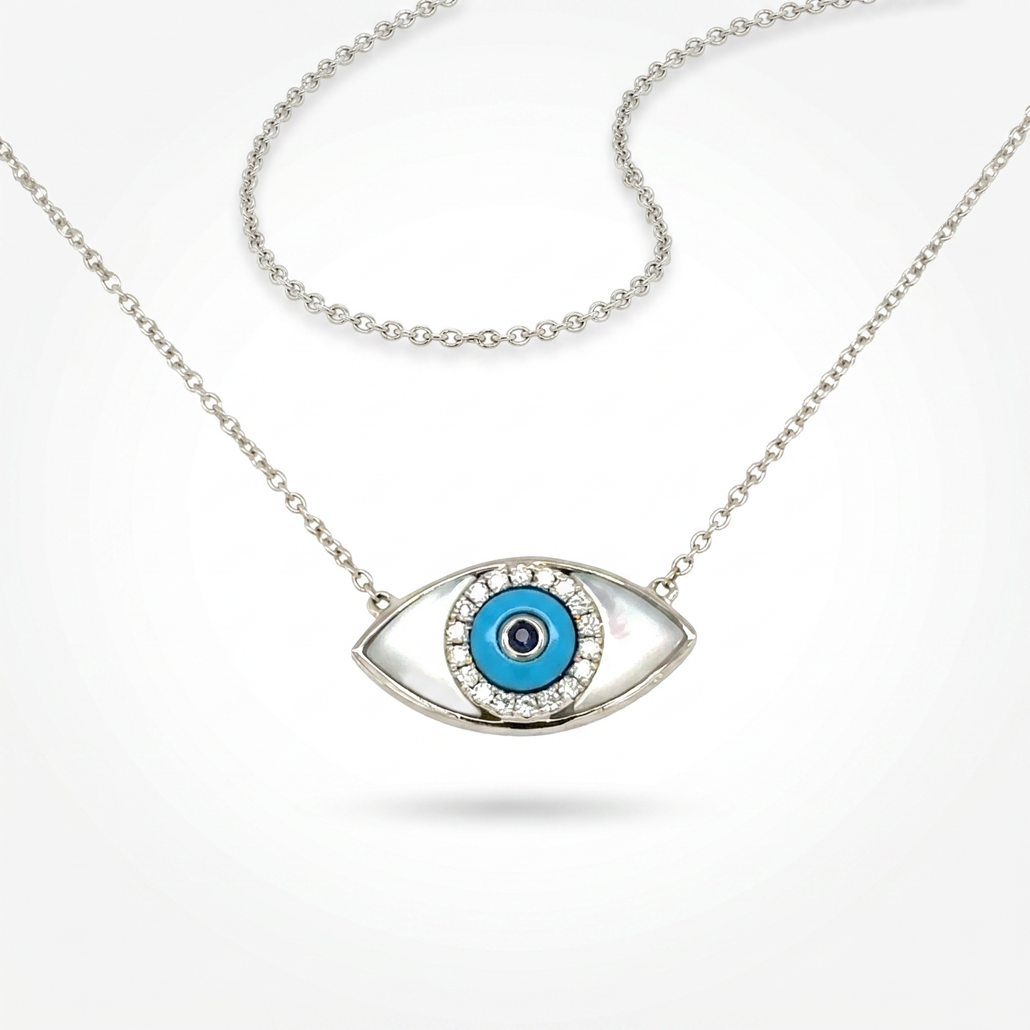 18K White Gold Evil Eye Pendant with Mother of Pearl & Diamond