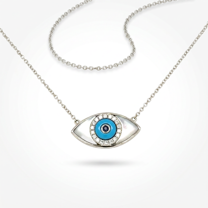 18K White Gold Evil Eye Pendant with Mother of Pearl & Diamond