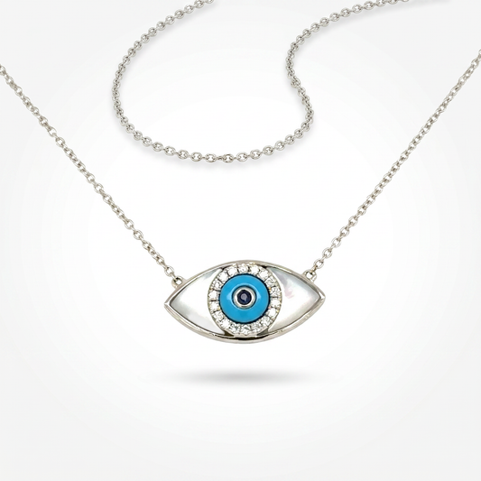 18K White Gold Evil Eye Pendant with Mother of Pearl & Diamond