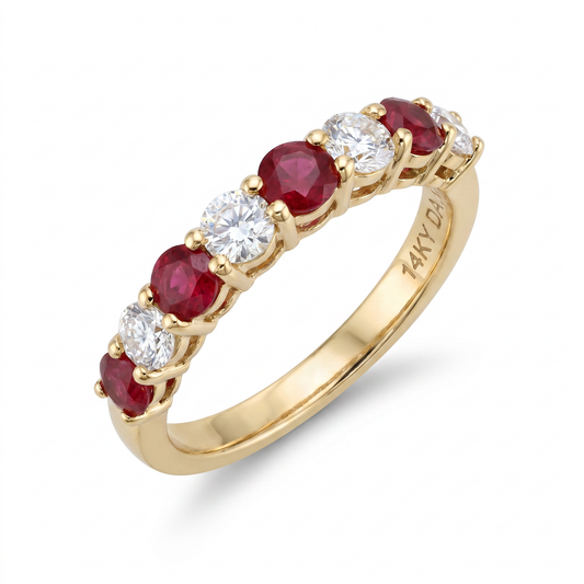 14K Yellow Gold Ruby & Diamond Band Ring - Size 7