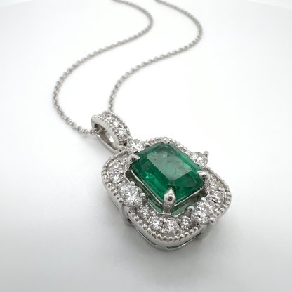 14K White Gold Emerald & Diamond Pendant with 18" Chain