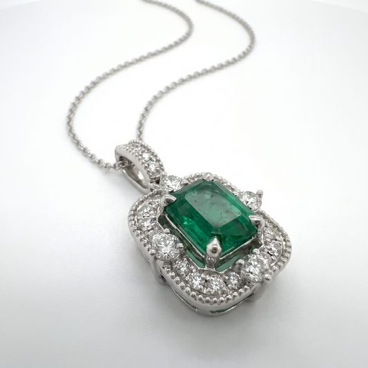 14K White Gold Emerald & Diamond Pendant with 18" Chain