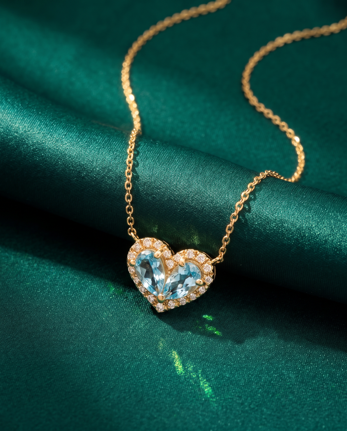 14K Yellow Gold Blue Topaz Diamond Heart Pendant with 18" Chain