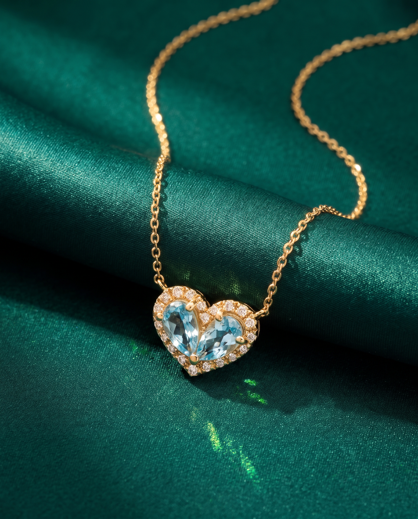 14K Yellow Gold Blue Topaz Diamond Heart Pendant with 18" Chain
