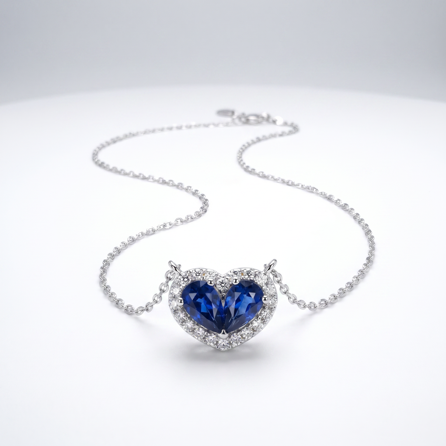 14K White Gold Sapphire & Diamond Heart Pendant with Chain