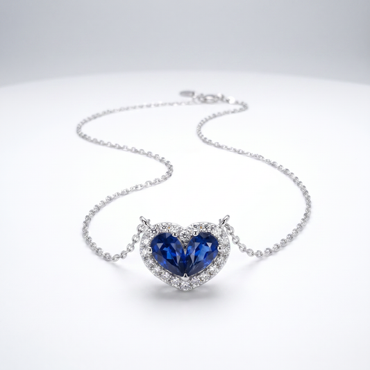 14K White Gold Sapphire & Diamond Heart Pendant with Chain