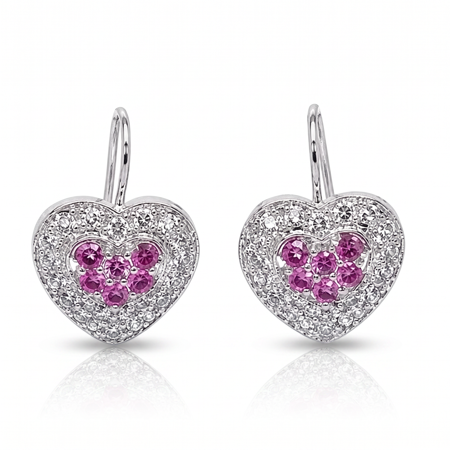 14K White Gold Pink Sapphire & Diamond Heart Drop Earrings
